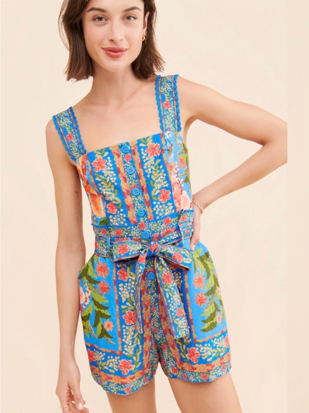 FARM Rio Colorful Blue Floral Button-Front Tie-Waist Romper